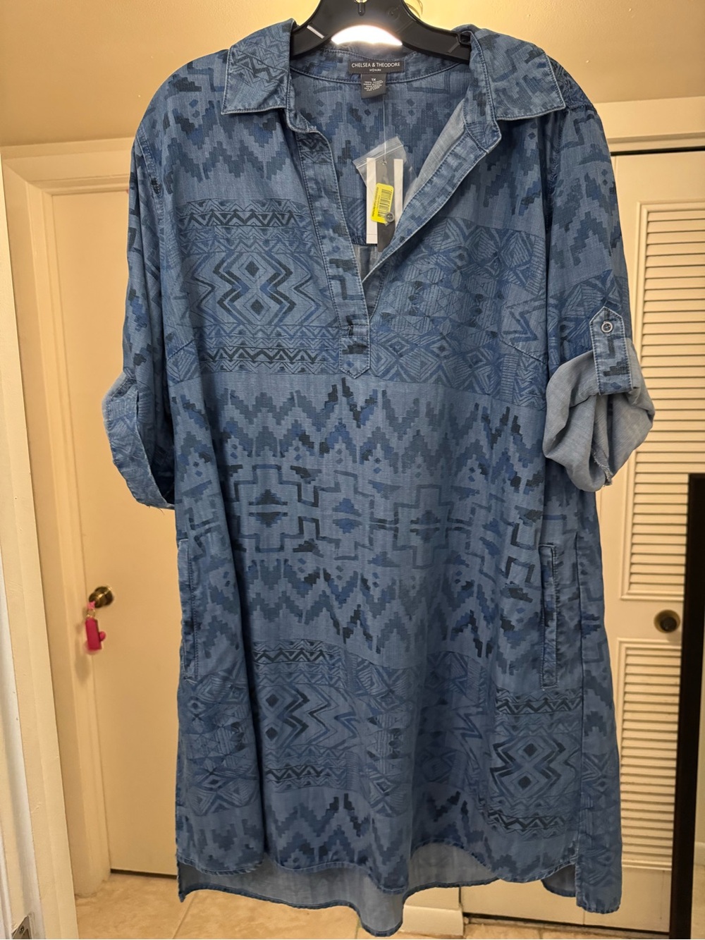 Chelsea & Theodore Blue Geometric Button-Down Tunic Shirt Dress 1X